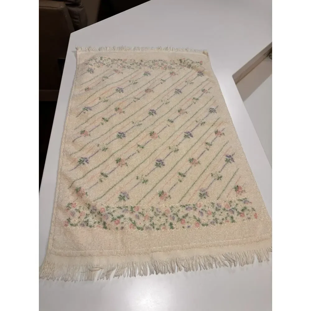 Vintage CANNON Monogrammed T Embroidered Hand Towel Pastel Floral Glam Set